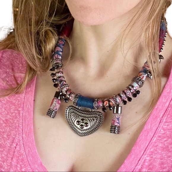 Tribal Boho Fabric, String and Metal Necklace - Picture 8 of 10